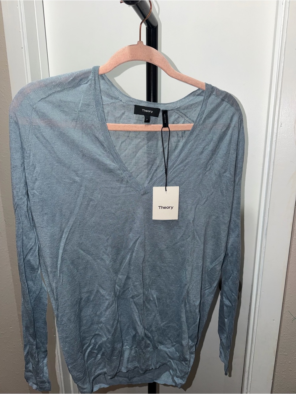Theory Adrianna Sag Harbor Linen Blend V-Neck Sweater Harbor Blue Size P NWD